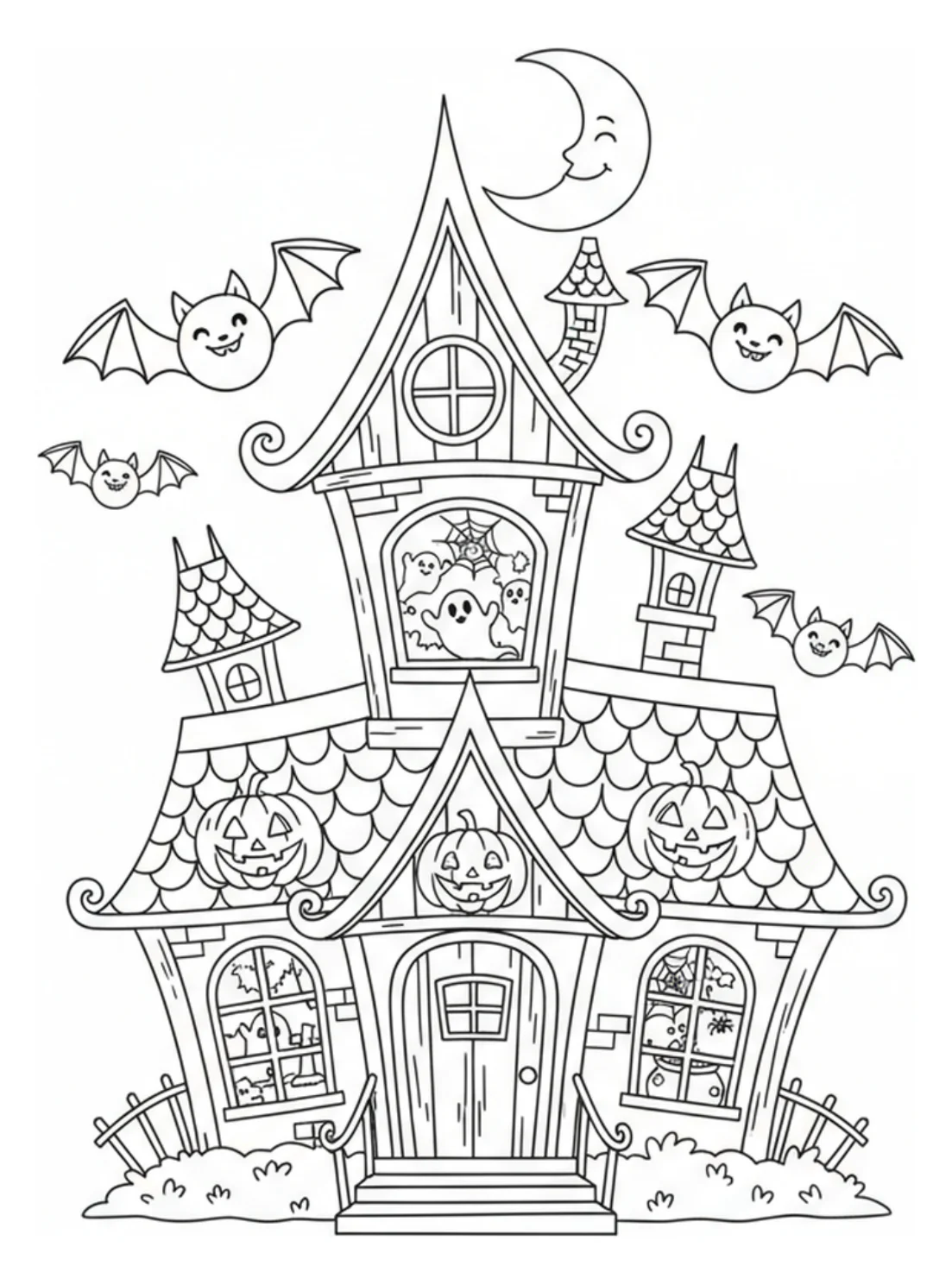 Disegno da colorare di una casa stregata sorridente con pipistrelli che volano intorno e una luna piena sullo sfondo, stile Halloween amichevole per bambini