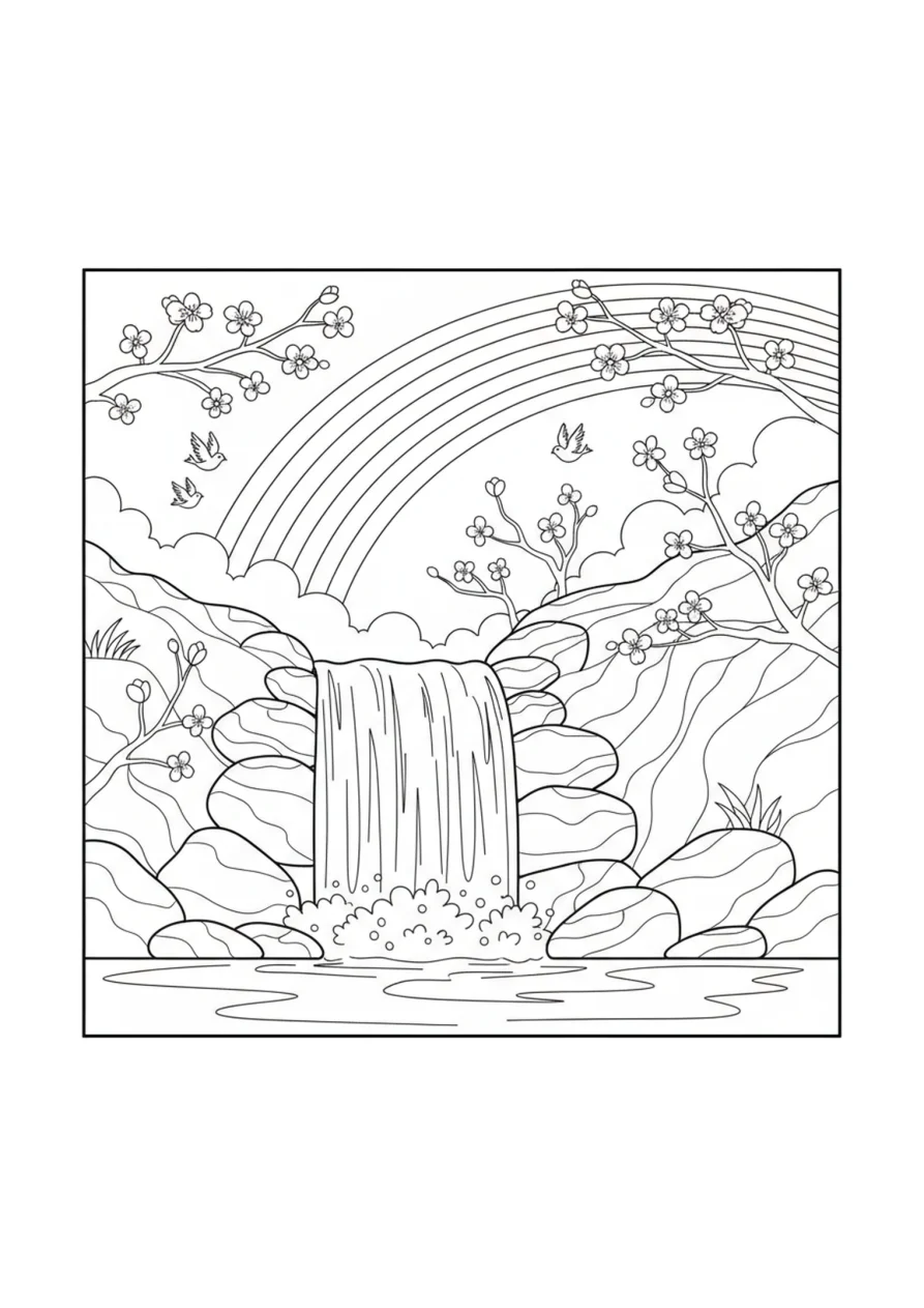 Ausmalbild eines Frühlingswasserfalls, der über glatte runde Steine fließt, mit einem großen Regenbogen im Hintergrund und Blumen am Ufer