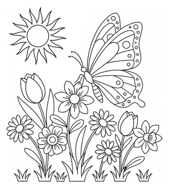 Frühlingsblumen mit Schmetterling Ausmalbild