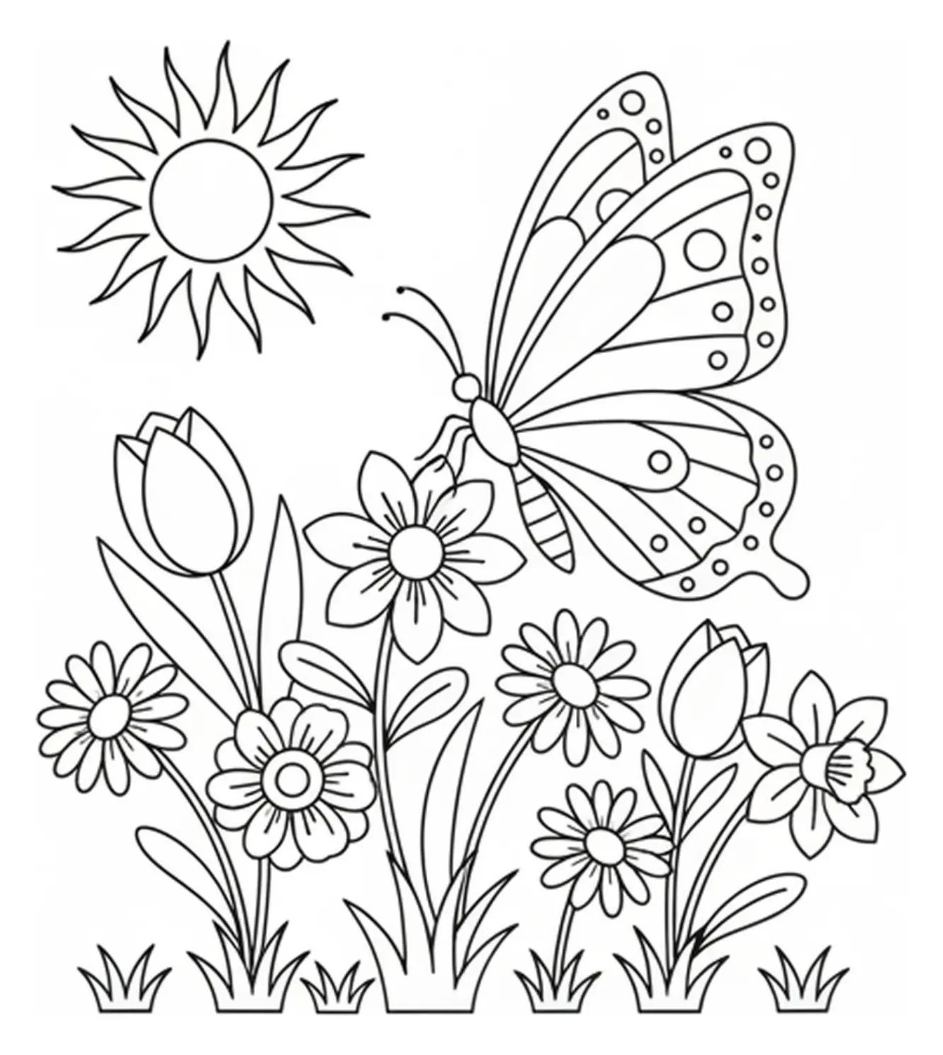 Coloring page Spring Flowers Butterfly