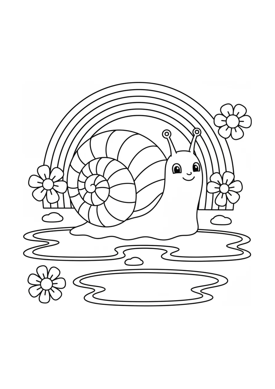 Coloring page outline of a cheerful snail in a garden with a large rainbow, flowers, and puddles, designed for young children.