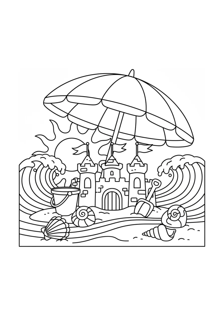 Ausmalbild mit einer Strandszene: großer Sonnenschirm, Sandburg, Eimer und Schaufel, Muscheln im Sand und sanfte Wellen im Hintergrund.