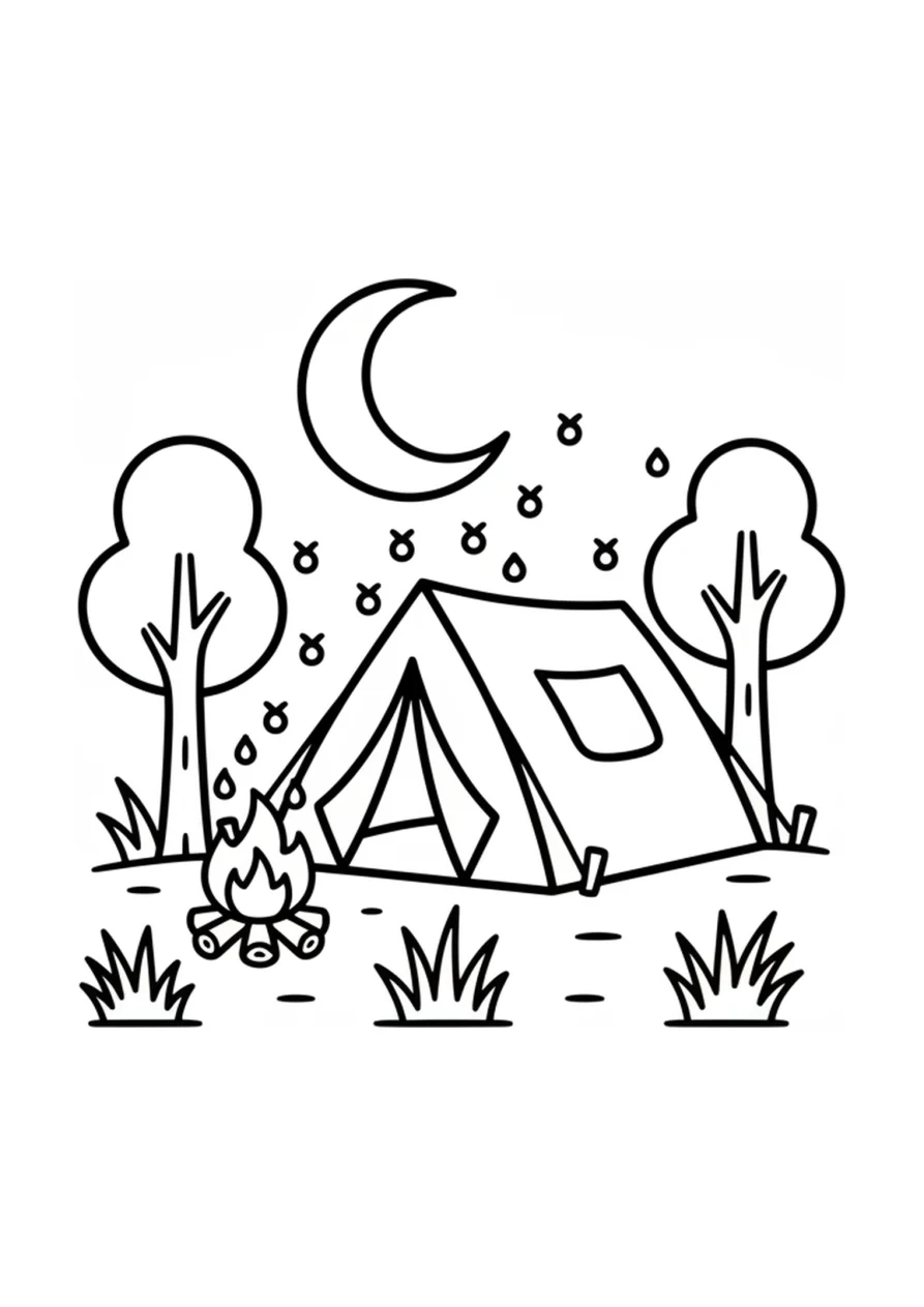 Ausmalbild mit einem Zelt in einer Sommernacht, umgeben von Glühwürmchen, einem Halbmond, großen Grasbüscheln und zwei einfachen Bäumen