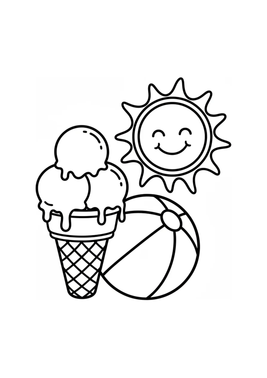 Ausmalbild für Kinder mit einer Eistüte, einem Wasserball und einer lächelnden Sonne als Sommermotiv