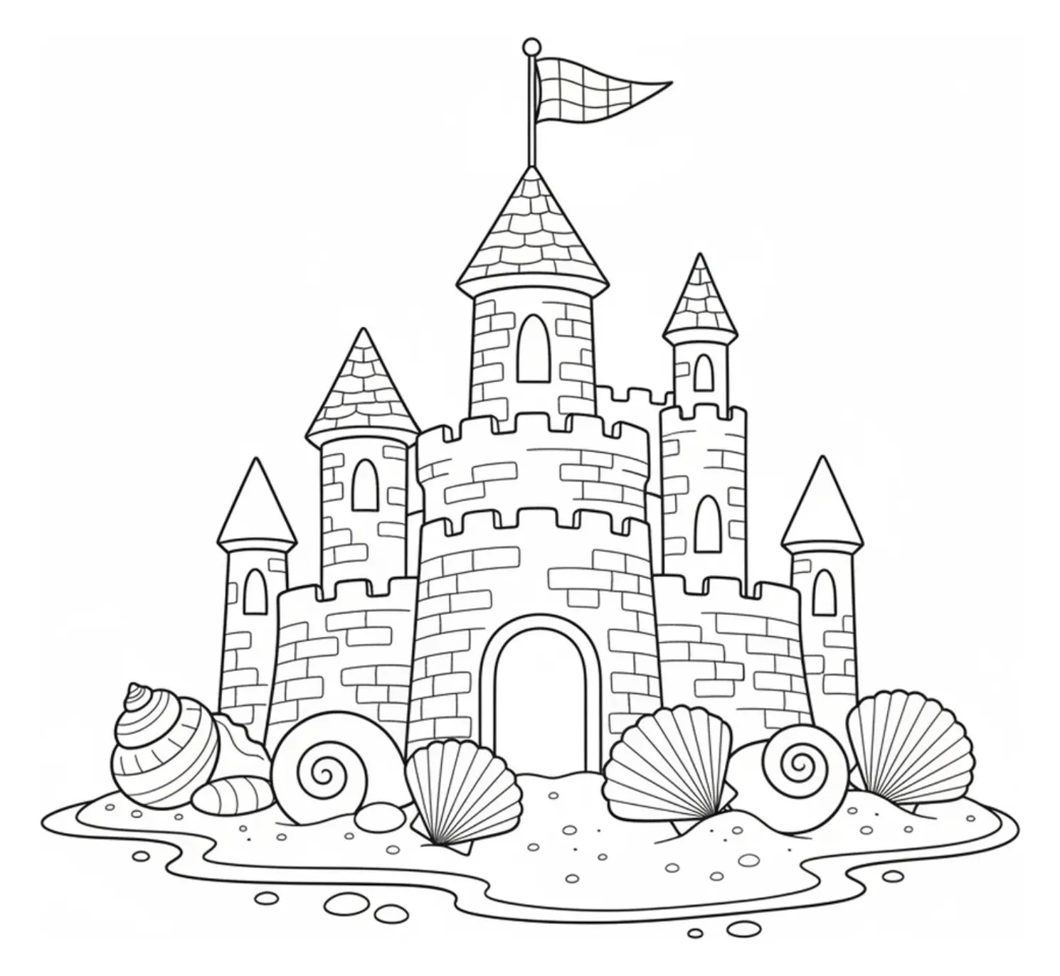 A coloring page showing a large sandcastle on a beach, decorated with seashells around the base and a small flag on top, ready to be colored in.