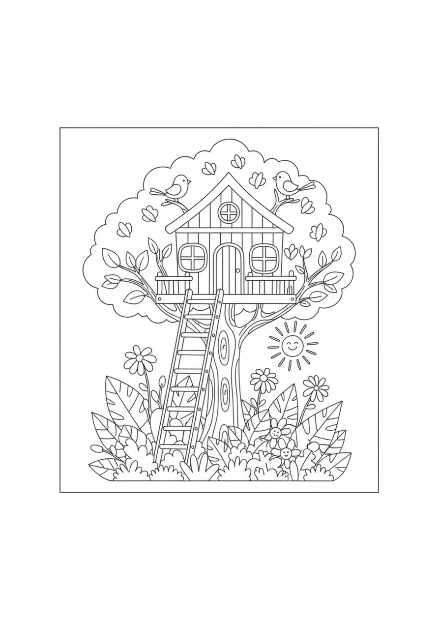 Black and white coloring page showing a treehouse in a tree with two simple birds perched on branches, a ladder, green leaves, and a bright garden underneath.