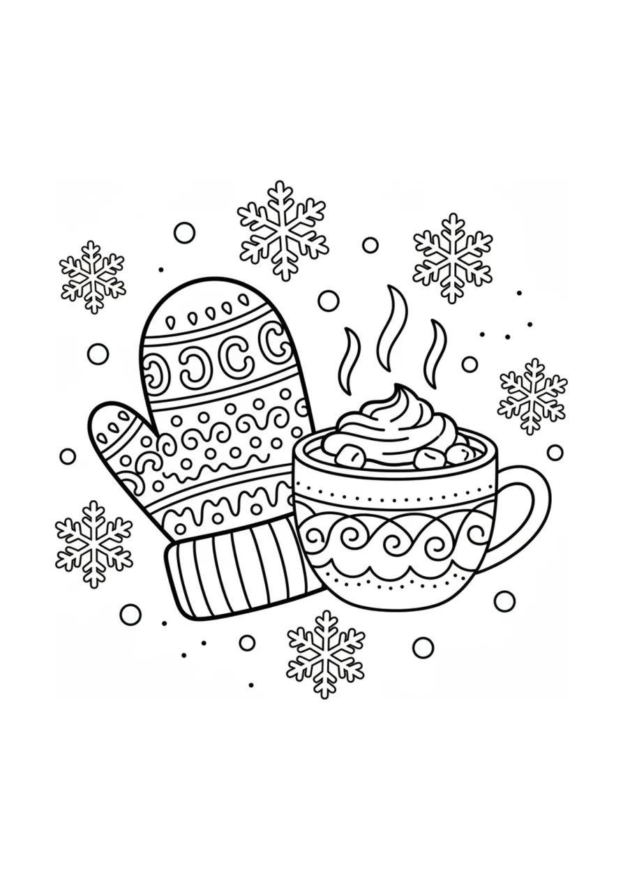 Ausmalbild mit einem gemusterten Winterfäustling und einer dampfenden Tasse heißer Schokolade, umgeben von Schneeflocken