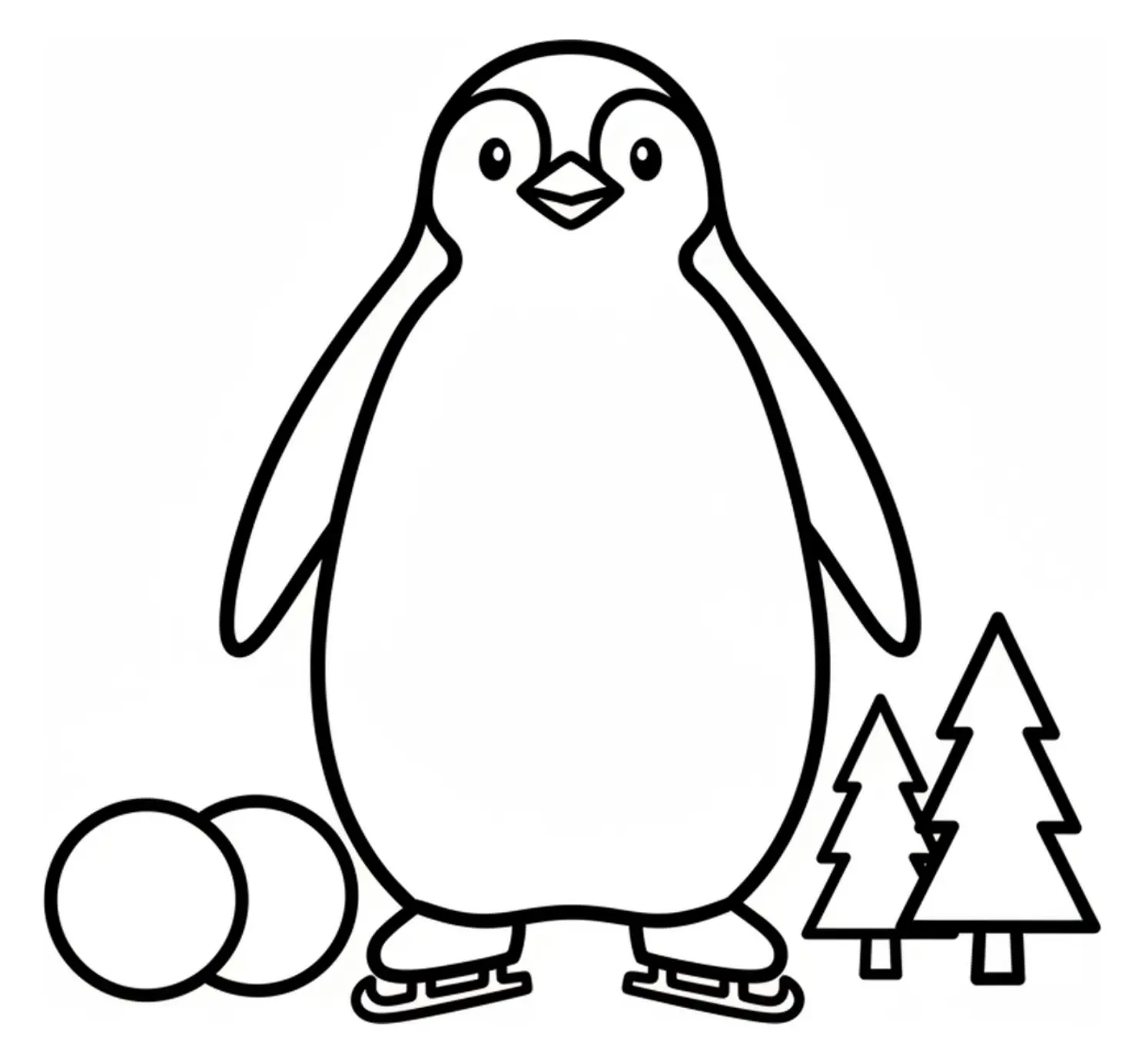 Simple coloring page outline of a penguin wearing ice skates, with snowballs and pine trees in a winter scene, large shapes for young children