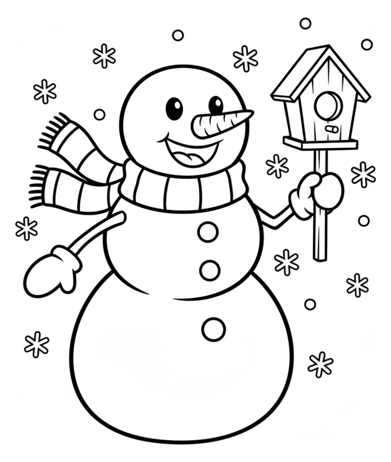 A smiling snowman wearing a scarf stands beside a small wooden birdhouse with falling snowflakes in the background, ready to color.