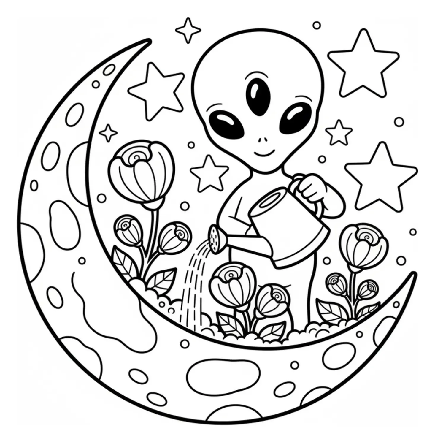 Coloring page showing a smiling alien watering a planter with large space flowers on the moon, surrounded by stars