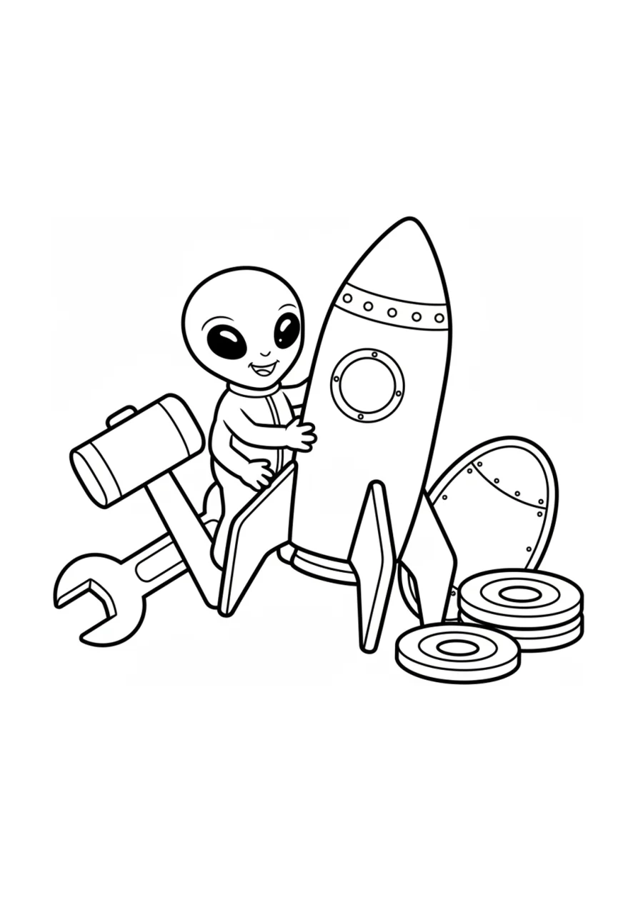 Ein lächelnder Alien steht in einer Werkstatt mit großen Werkzeugen und Raketenteilen und baut eine Rakete zusammen, Ausmalvorlage für Kinder.