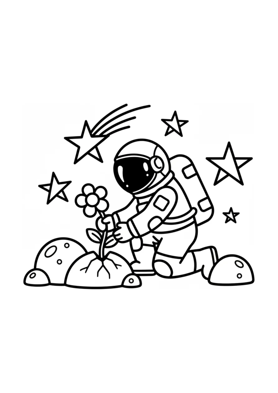 Coloriage représentant un astronaute agenouillé près de rochers lunaires en train de planter une petite fleur, entouré d'étoiles dans l'espace.