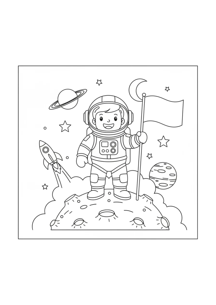 Lächelnder Astronaut im Raumanzug steht auf einem kleinen runden Planeten und hält eine Flagge in die Höhe, umgeben von Sternen