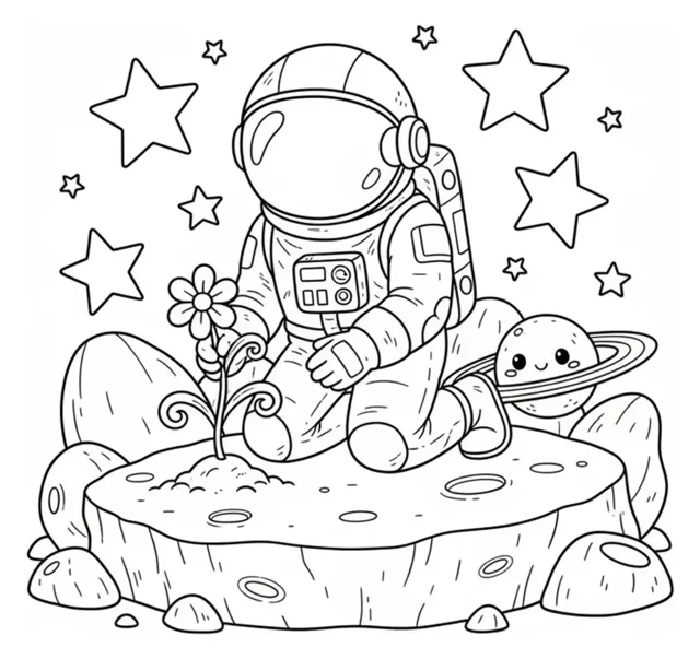 Gambar garis astronaut sedang menanam bunga kecil di samping planet bercincin yang lucu, dikelilingi batu bulan dan bintang besar dalam pemandangan taman luar angkasa.