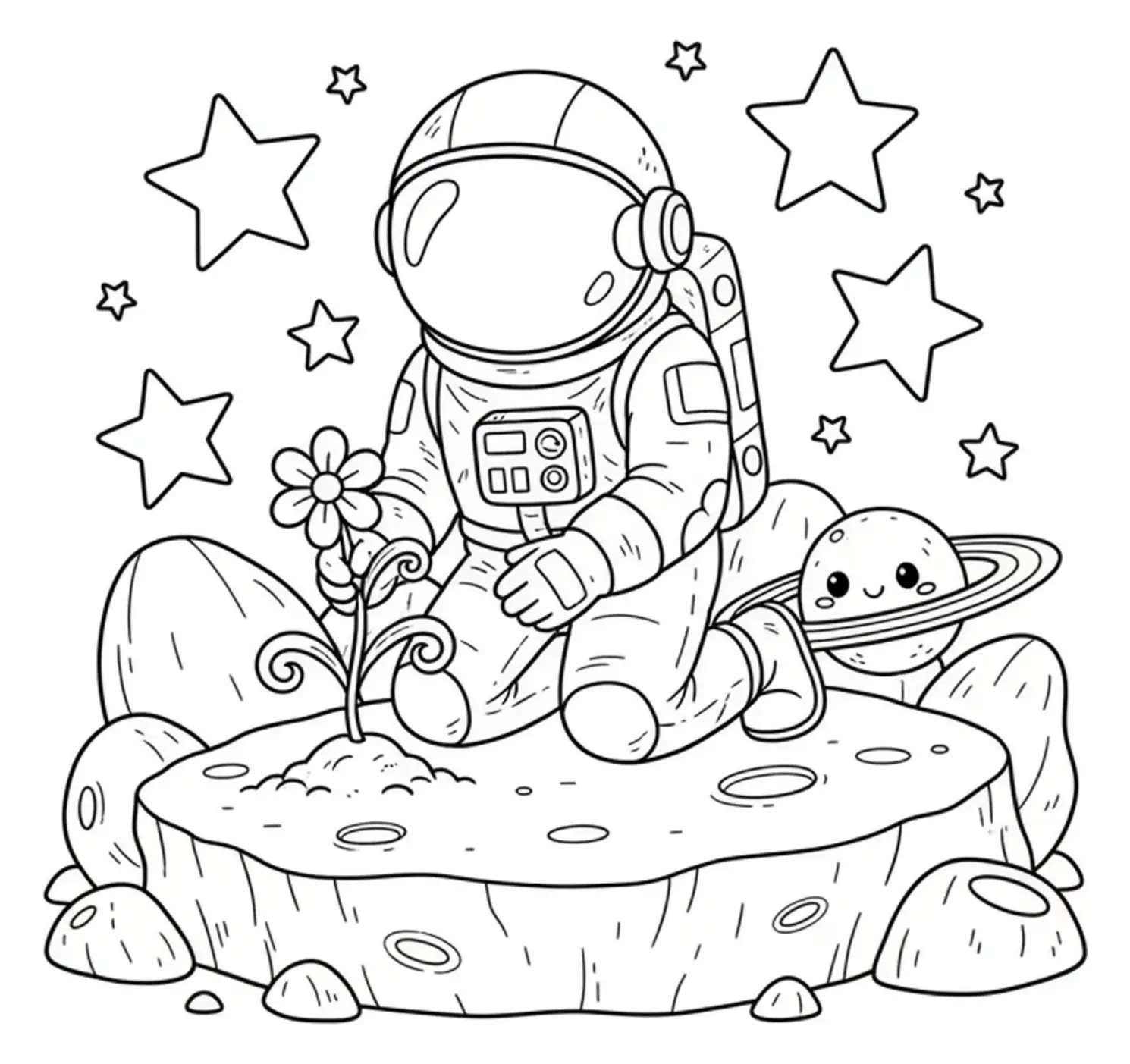 Line drawing of an astronaut planting a small flower beside a cute ringed planet, surrounded by moon rocks and large stars in a space garden scene.