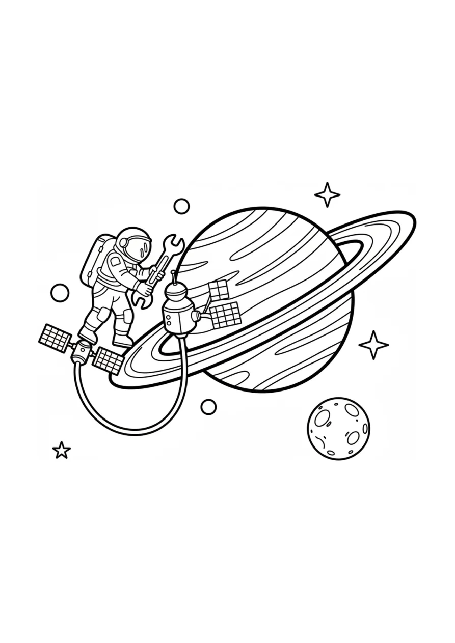 Kleurplaat van een astronaut in ruimtepak die een klein ruimtestation repareert dat naast een grote planeet zweeft.