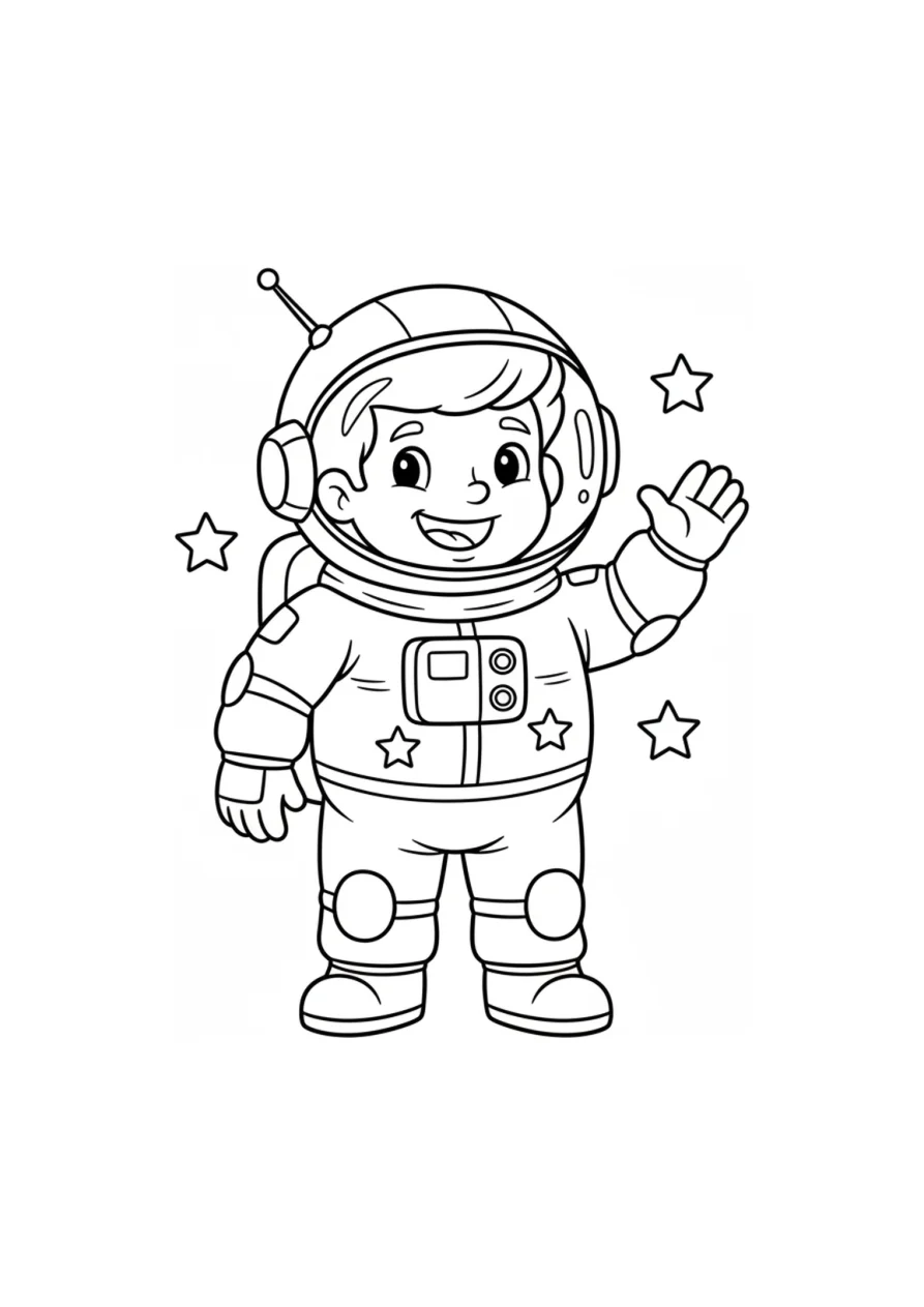 Dessin à colorier d'un astronaute en combinaison spatiale debout, agitant la main, avec trois petites étoiles simples autour de lui, personnage en pied sur fond blanc