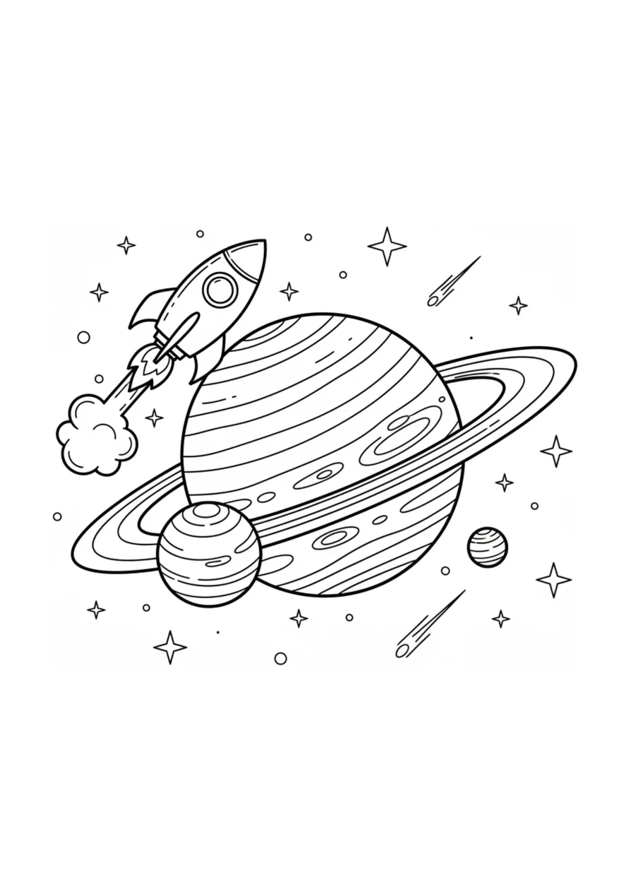 Ausmalbild mit einer Rakete, die einen großen Planeten mit Ringen umkreist, umgeben von Monden und Sternen, mit klaren Linien und großen Flächen zum Ausmalen.