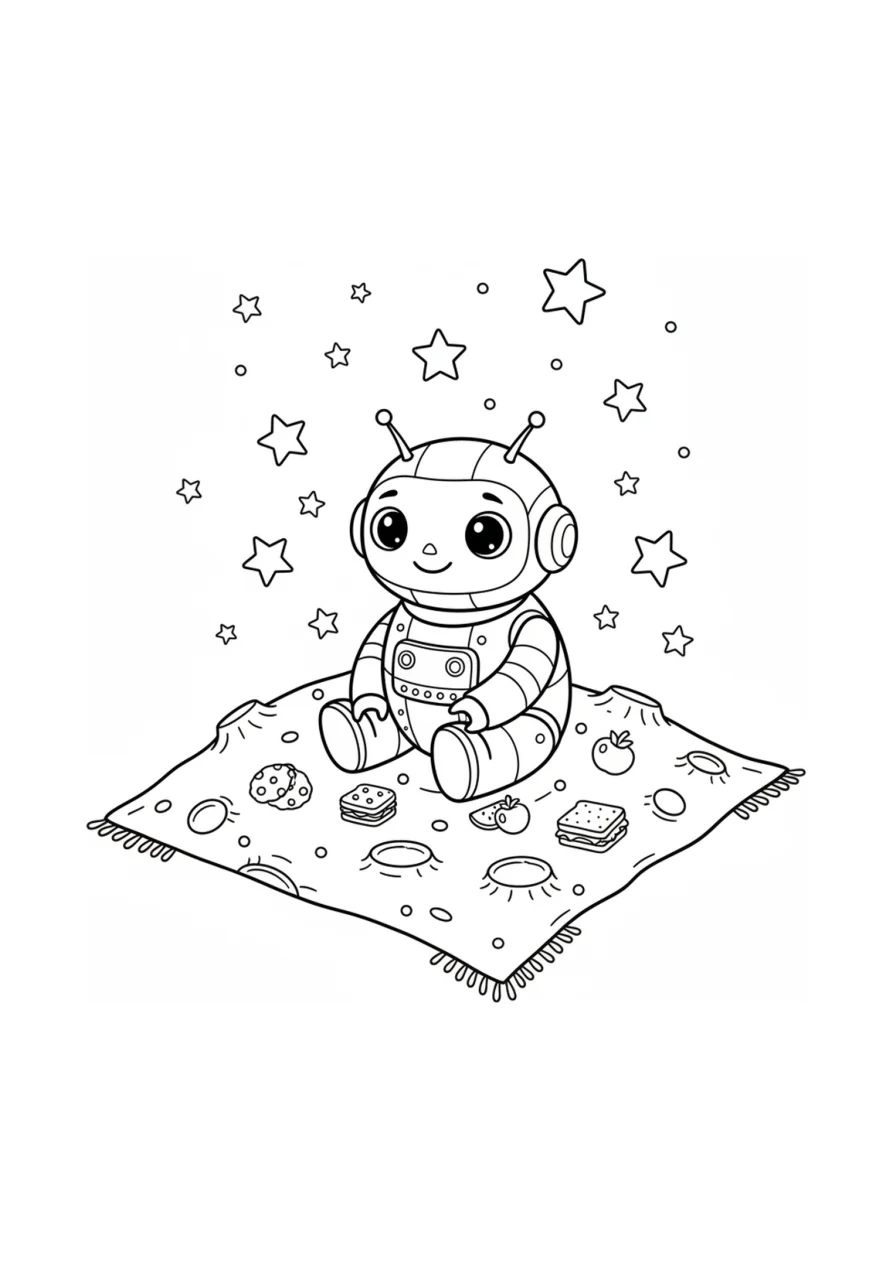 Un tierno robot de dibujos animados sentado sobre una manta con cráteres en la luna, rodeado de estrellas y pequeñas formas de snacks, ilustración para colorear con trazos claros y sin sombreado.