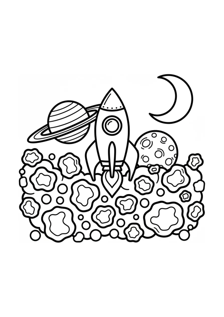 Coloring page outline of a rocket flying through an asteroid belt with large planets visible in the background