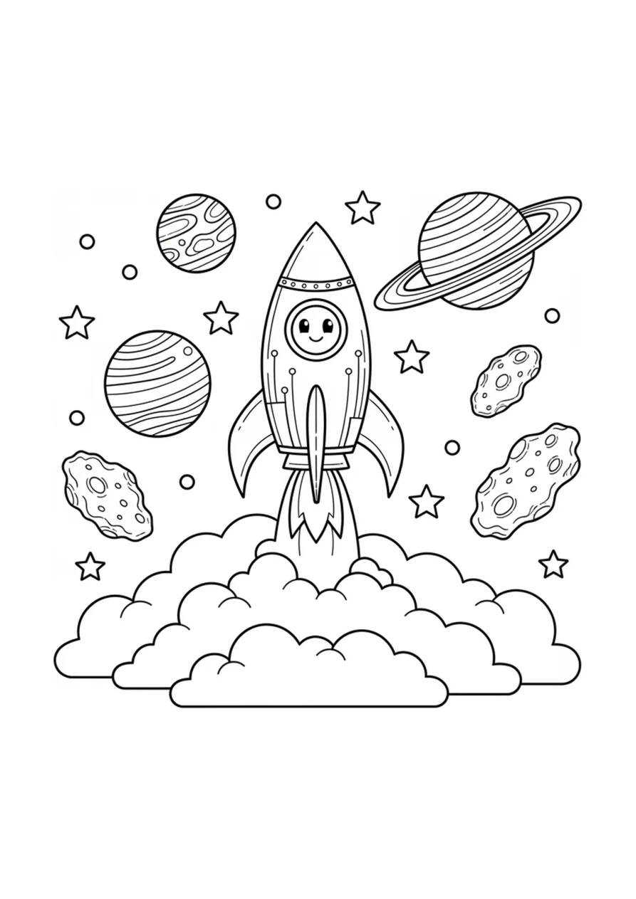 Ausmalbild einer lächelnden Rakete, die durch große fluffige Wolken startet, umgeben von Planeten, Sternen und Mondsteinen in einer weitläufigen Weltraumszene.