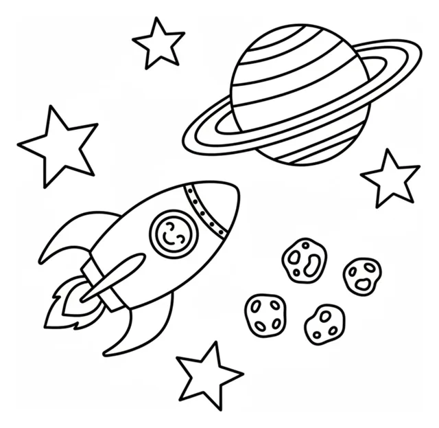 Halaman mewarnai yang menampilkan roket kartun ramah terbang di samping planet bercincin besar, tiga asteroid kecil, dan beberapa bintang besar dalam komposisi luar angkasa yang seimbang.