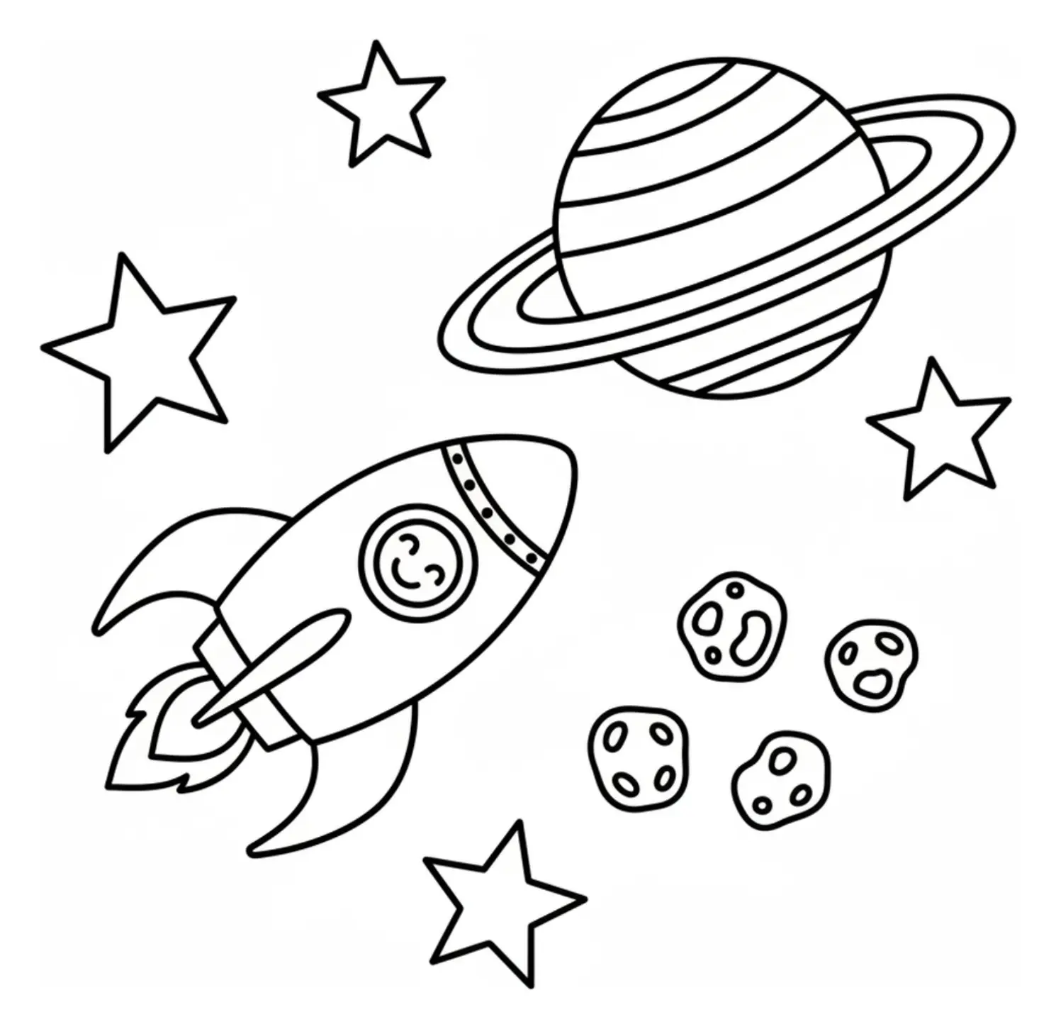 Coloring page showing a friendly cartoon rocket flying next to a large ringed planet, three small asteroids, and several big stars in a balanced space scene.
