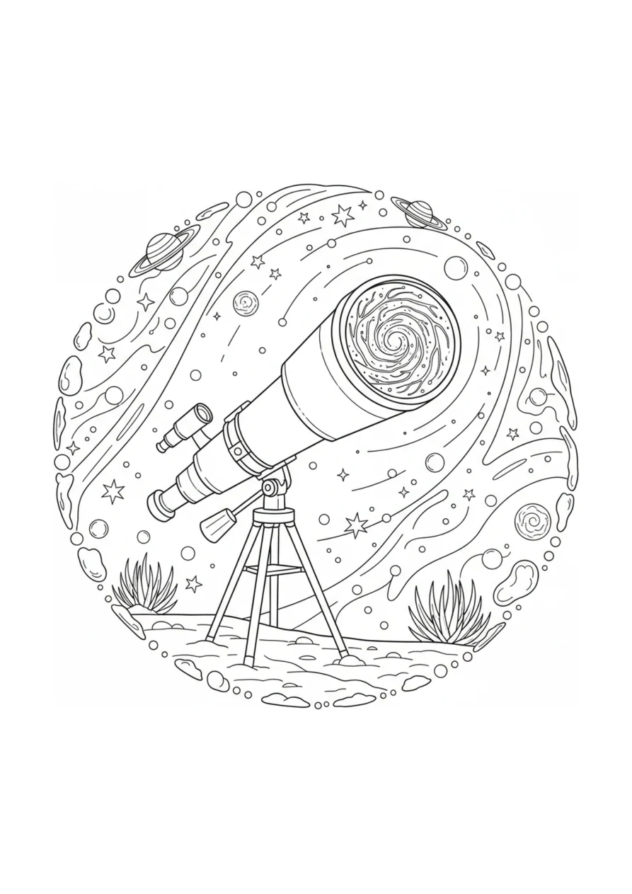 A coloring page showing a large telescope pointed toward a detailed spiral galaxy visible through a clear open sky, surrounded by stars