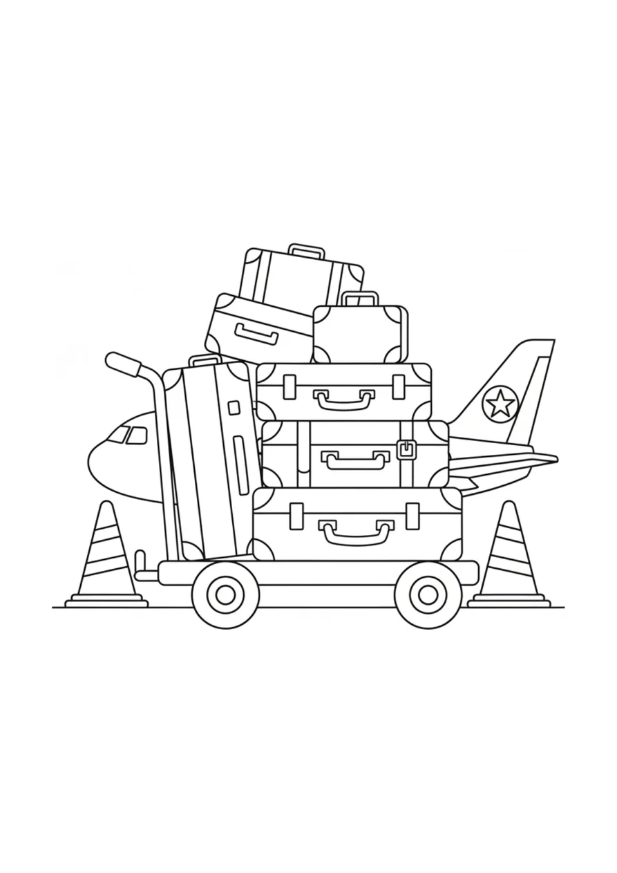 Schwarz-weißes Ausmalbild eines Flughafen-Gepäckwagens mit gestapelten Koffern, Leitkegeln auf dem Boden und einem Flugzeugheck im Hintergrund.