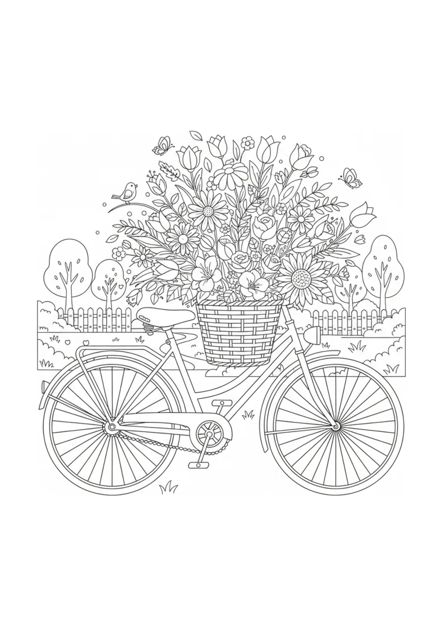 Ausmalbild eines Kinderfahrrads mit einem großen Korb am Lenker, gefüllt mit verschiedenen Blumen
