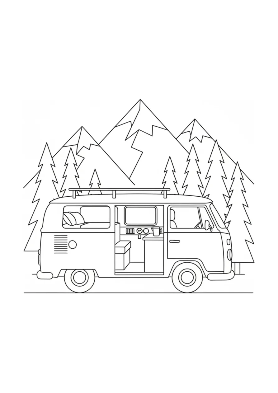 Ausmalbild eines parkenden Campingbusses vor einfachen Bergkonturen und Kiefernbäumen.