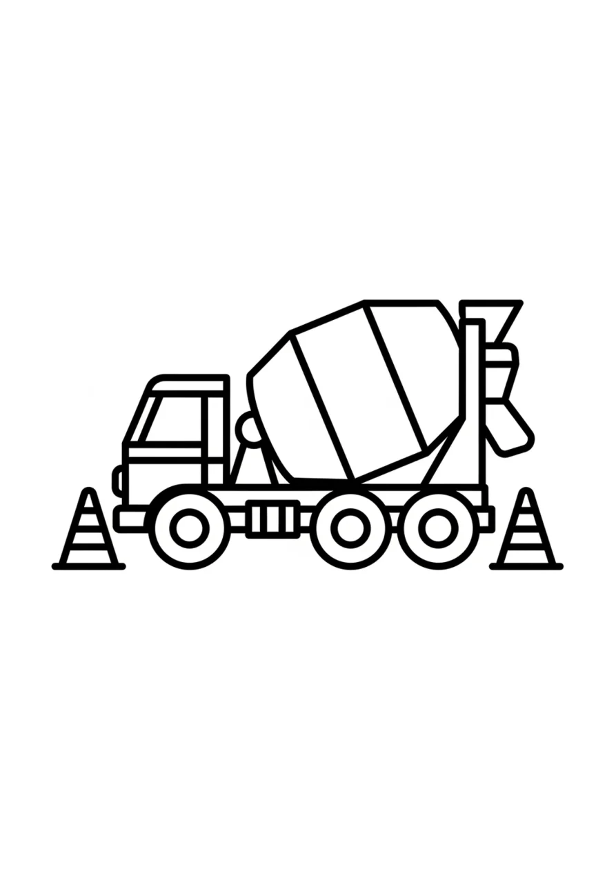 Schwarz-weißes Ausmalbild eines Betonmischers mit großer Drehtrommel, Verkehrskegeln und einfachen Baustellenformen, ohne Schattierung oder Rahmen