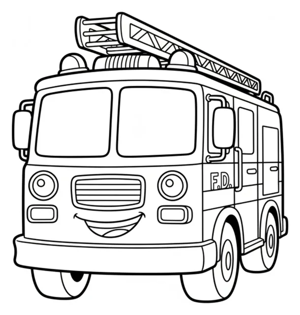 Kleurplaatillustratie van Brandweerwagen van voren.