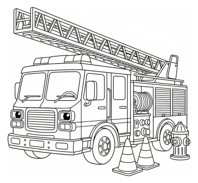 Linienzeichnung eines freundlichen Feuerwehrautos mit ausgefahrener Leiter, Schlauchrolle, Hydrant und Verkehrspylonen