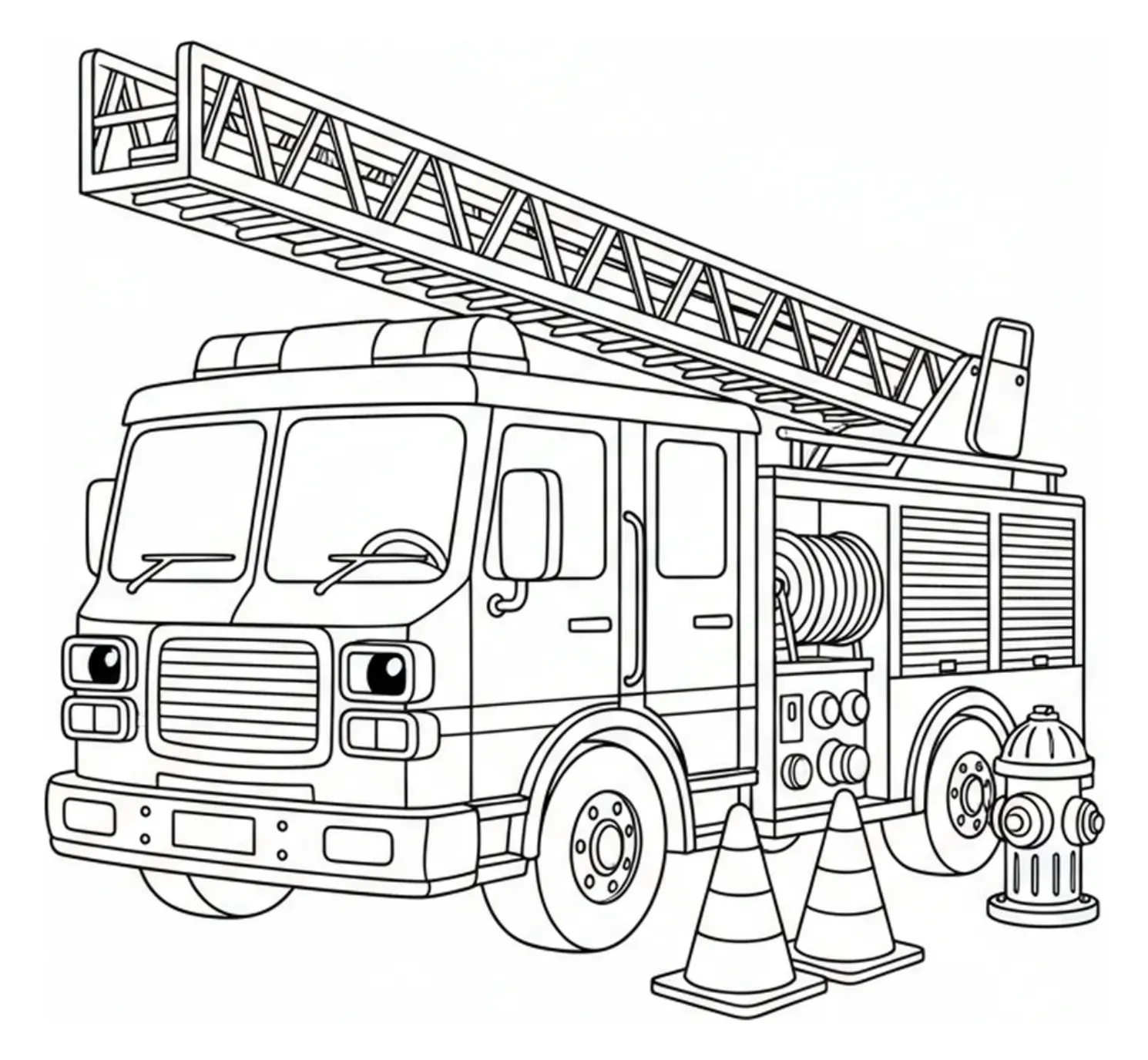 Outline drawing of a friendly fire truck with an extended ladder, hose reel, fire hydrant, and traffic cones arranged around it