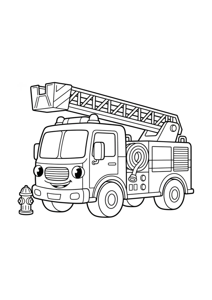 Ausmalbild eines freundlichen Feuerwehrautos mit ausfahrbarer Leiter, Wasserschlauch, Hydrant und großen Rädern auf weißem Hintergrund.