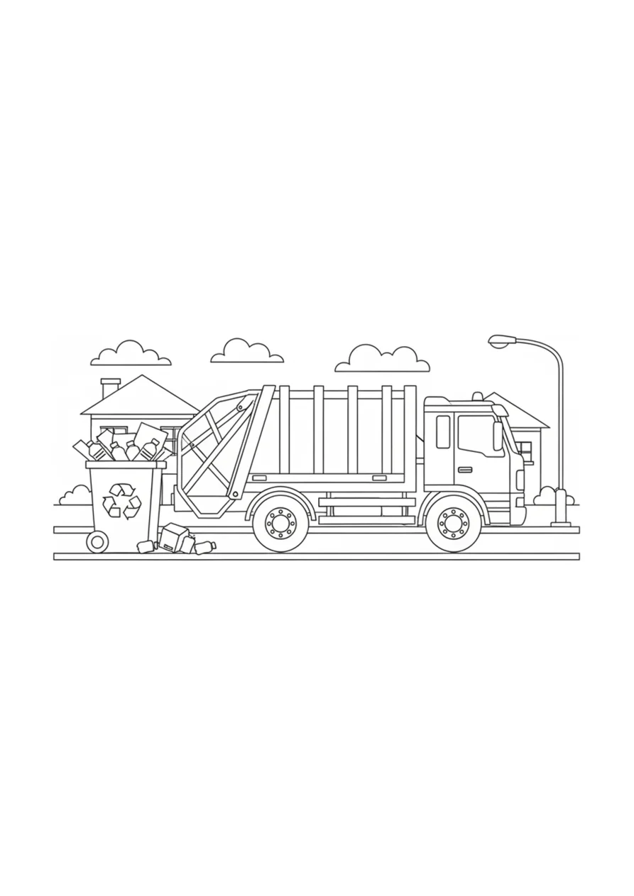 Dessin à colorier montrant un camion poubelle garé près d'un bac de recyclage sur une rue simple avec quelques détails de trottoir