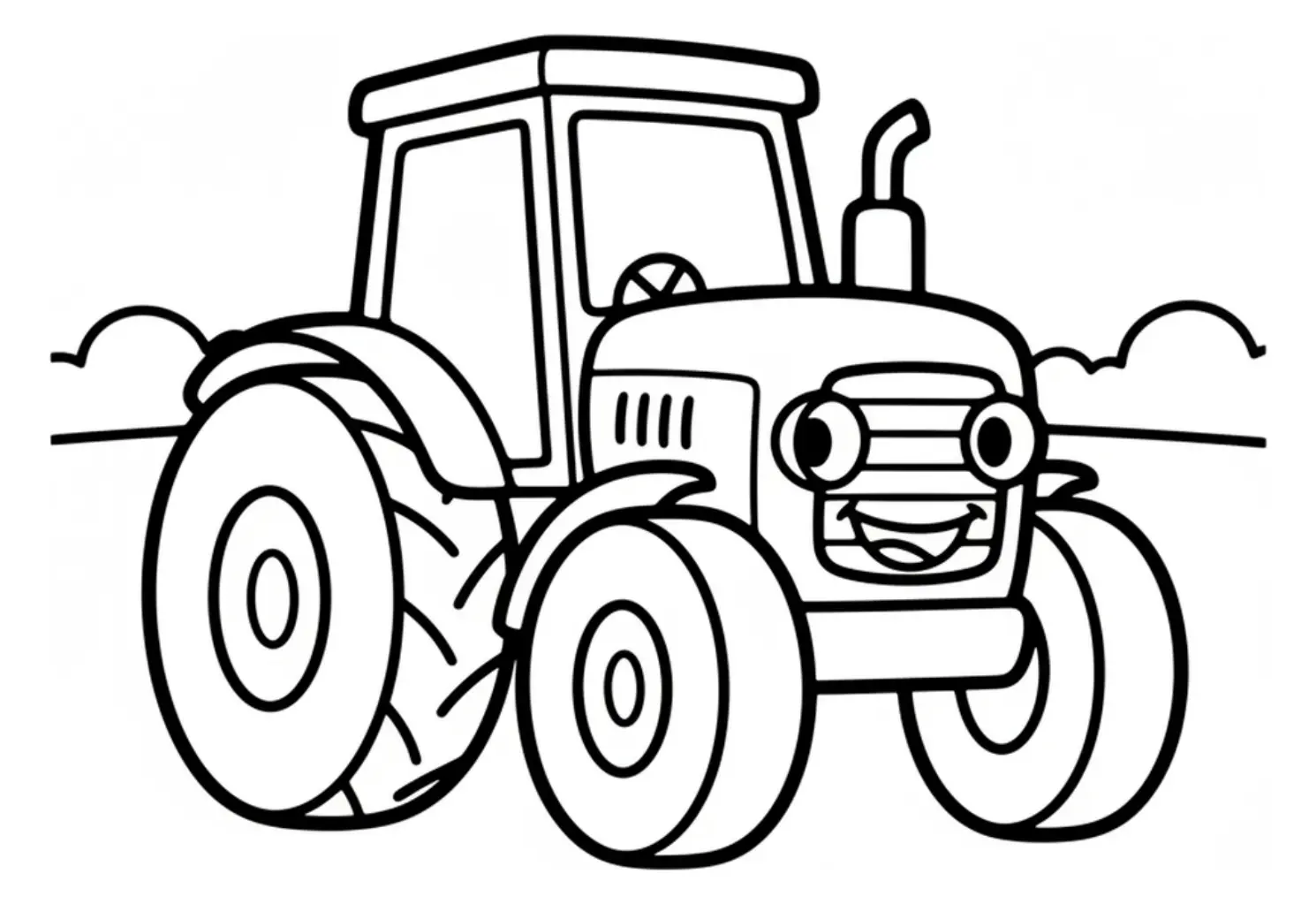 A smiling cartoon tractor with oversized wheels standing in a simple open field, outlined for coloring