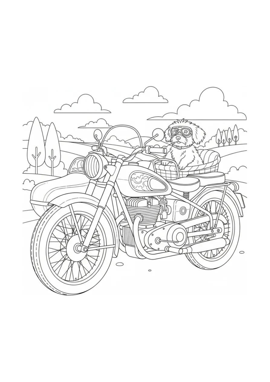 Desenho para colorir de uma motocicleta com sidecar lateral transportando um pequeno cachorro sentado dentro
