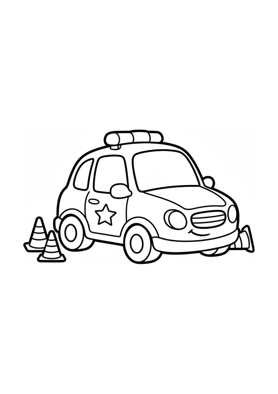 Ausmalbild eines freundlichen Polizeiautos mit Stern-Abzeichen an der Tür und Verkehrspylonen, nur Konturen ohne gefüllte Flächen
