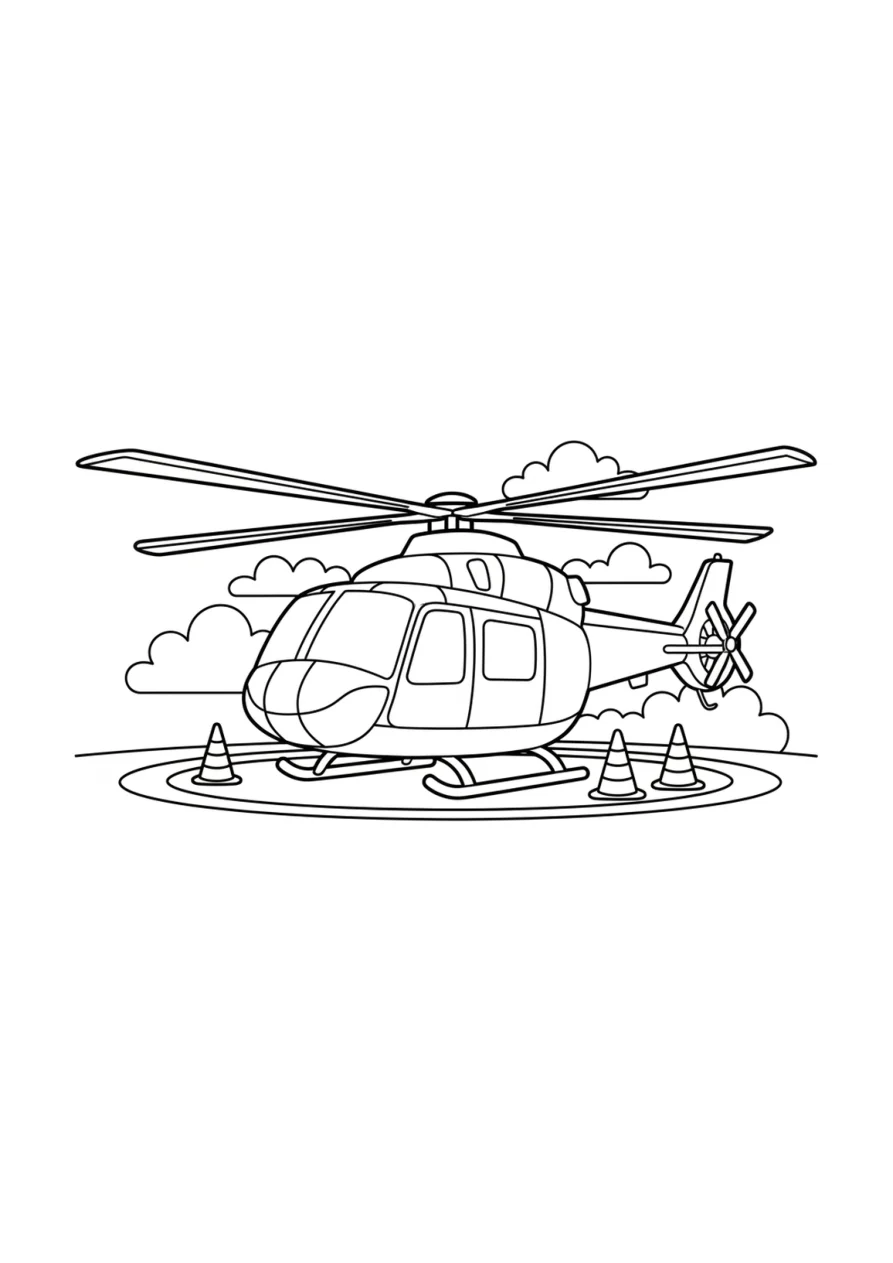 Ausmalbild mit einem Rettungshubschrauber auf einem Landeplatz, großen Rotorblättern, Sicherheitshütchen und Wolken im Hintergrund.