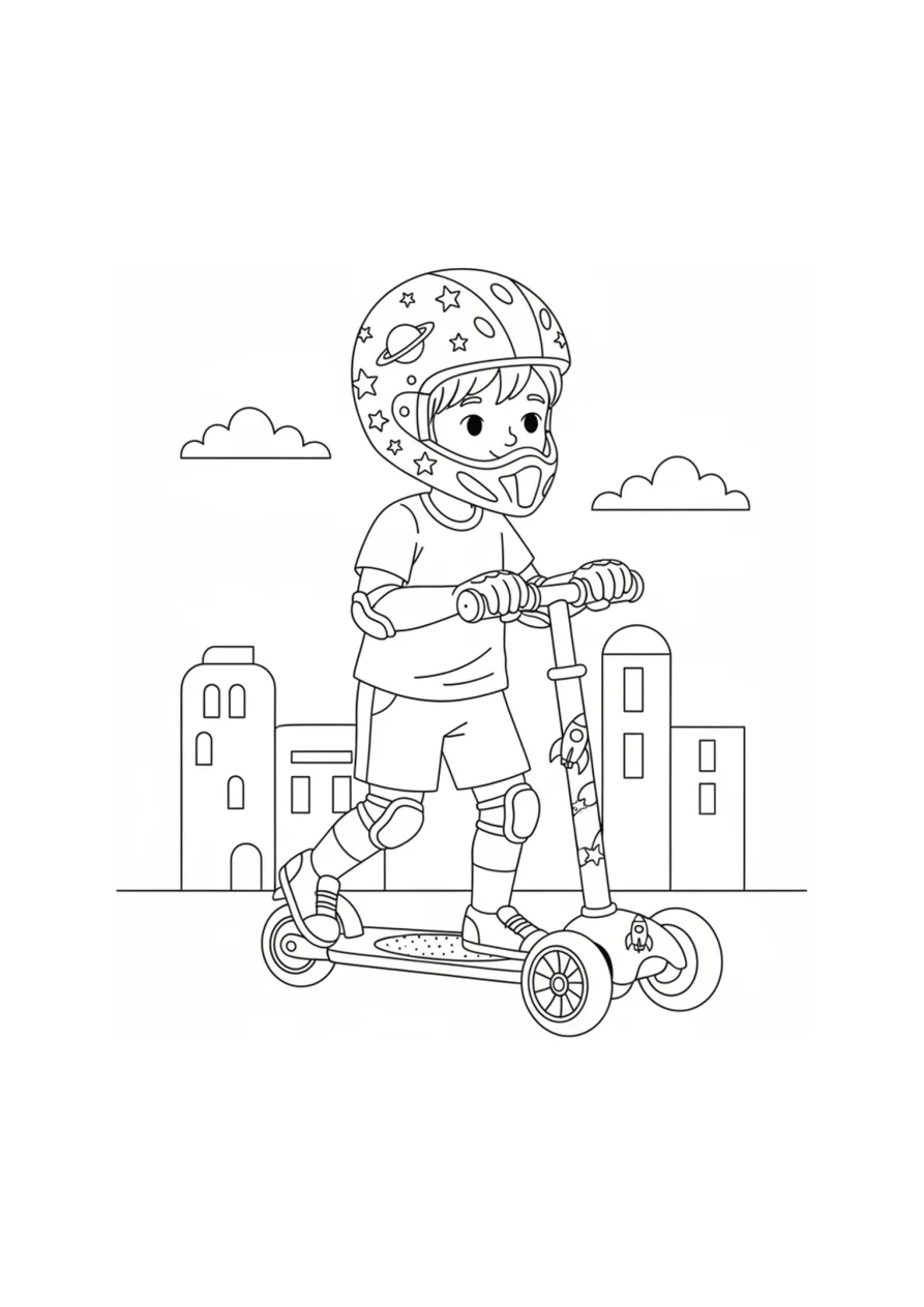 Ausmalbild eines Kinderrollers mit Schutzhelm und Raketen-Aufklebern auf dem Deck, bereit zum Losfahren