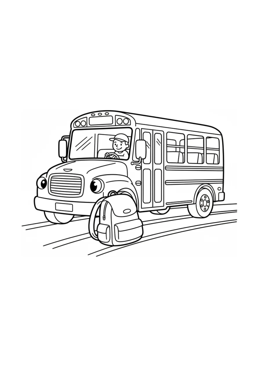 Ausmalbild eines Schulbusses mit einem Rucksack daneben und einer einfachen Straßenlinie darunter, für Kinder zum Ausmalen