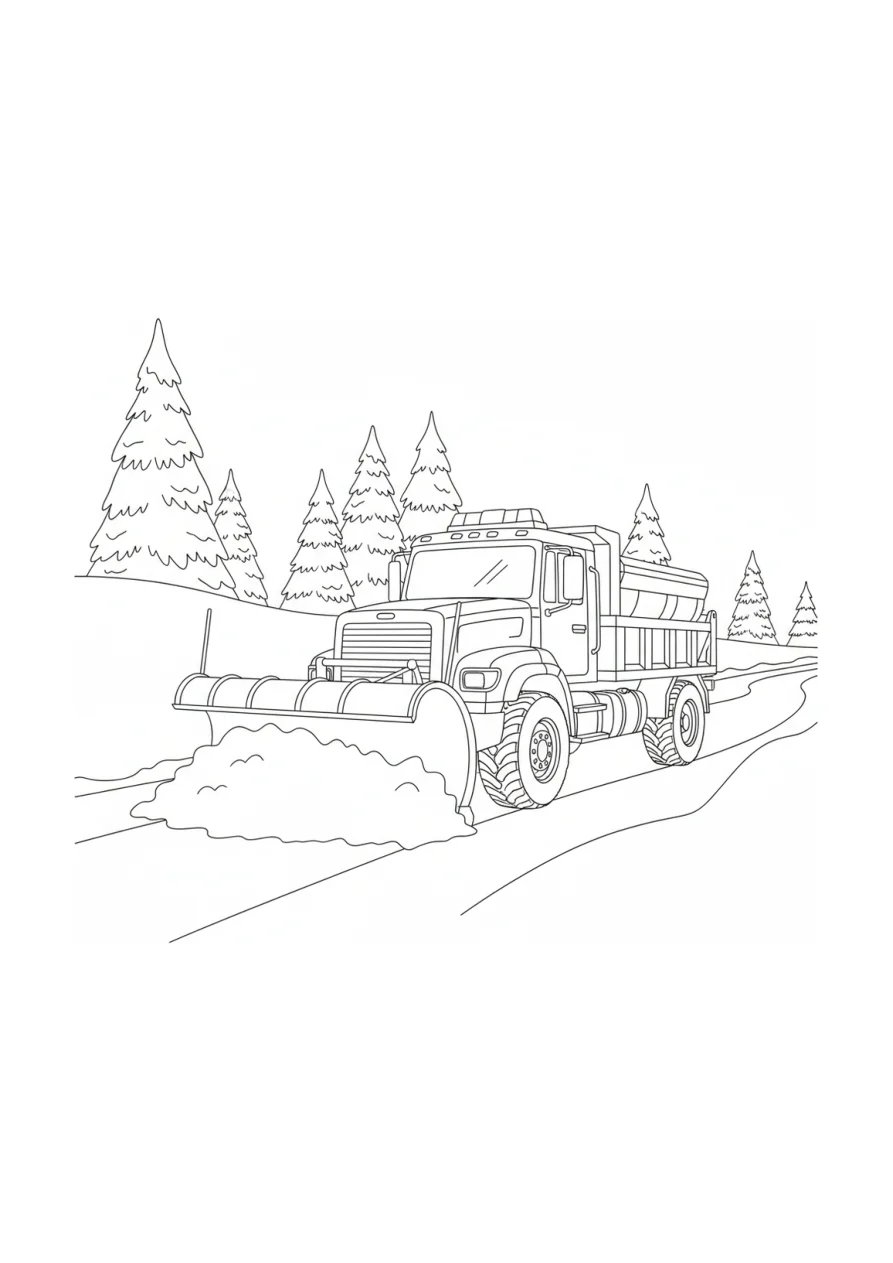Ausmalbild mit einem Schneepflug-LKW, der eine verschneite Straße freiräumt, flankiert von hohen Schneewällen und Tannenbäumen.
