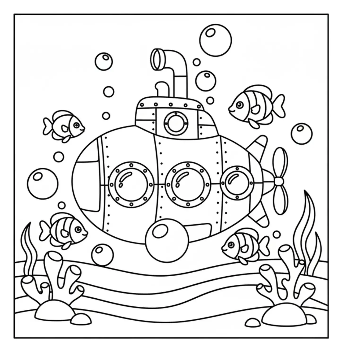 A small cartoon submarine traveling underwater, surrounded by smiling fish and clusters of rising bubbles, ready to be colored in.