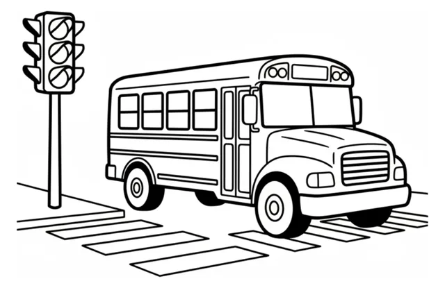 Kleurplaat van een schoolbus met grote wielen die stilstaat bij een stoplicht naast een zebrapad, zonder gezicht of tekst