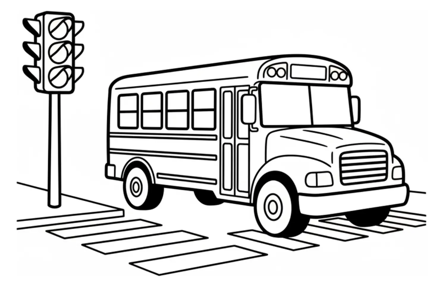 Coloring page of a school bus with large wheels stopped at a traffic light next to a crosswalk, no faces or text