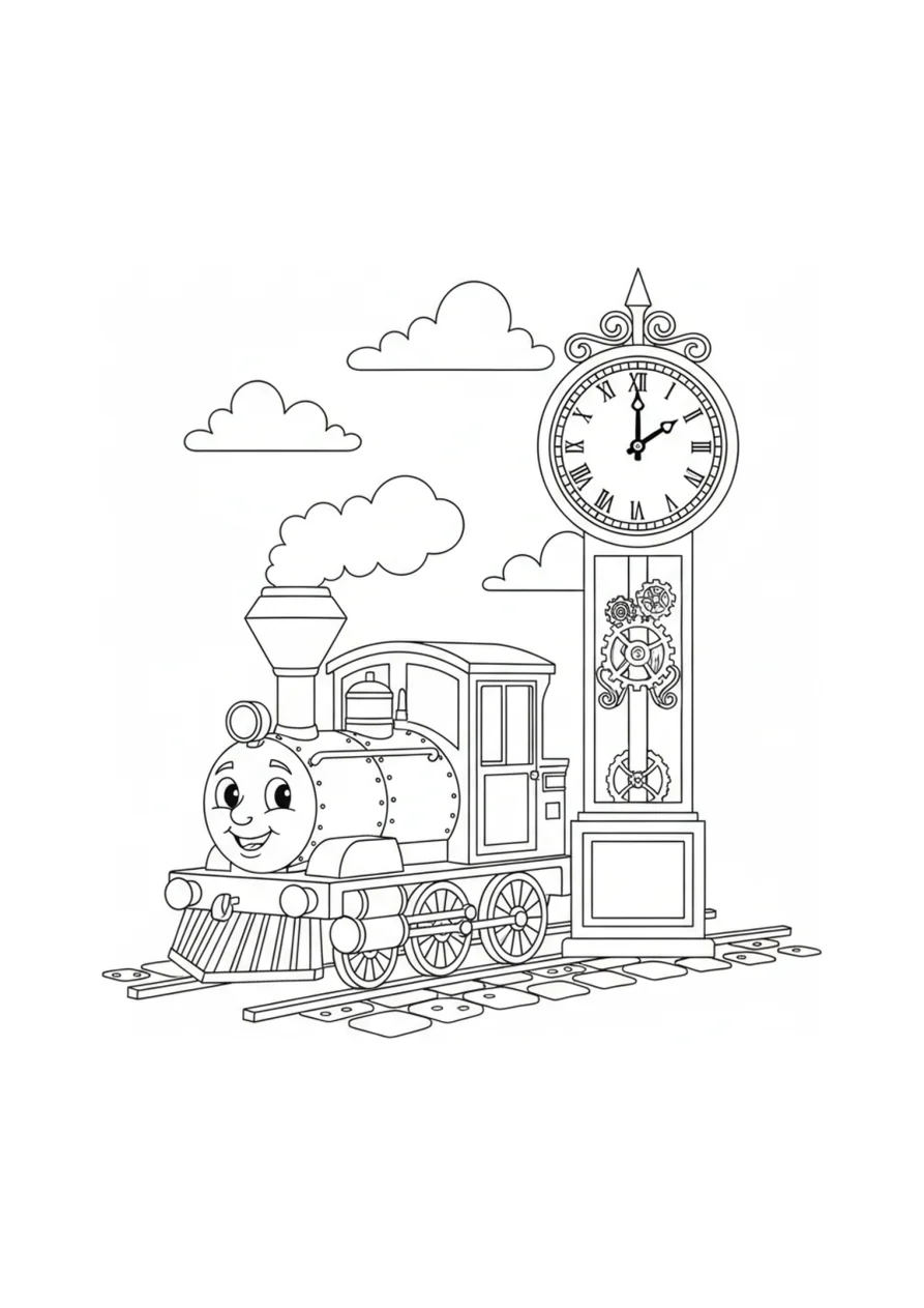 A small cartoon train parked next to a round station clock on a platform, ready to be colored in
